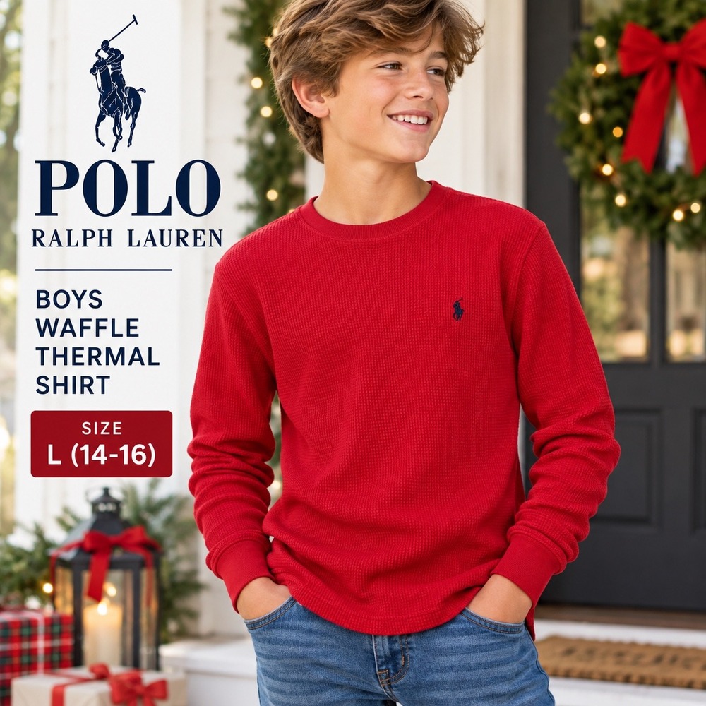 Polo Ralph Lauren Thermal Shirt Boys L 14-16 Red Waffle Knit Holiday Christmas